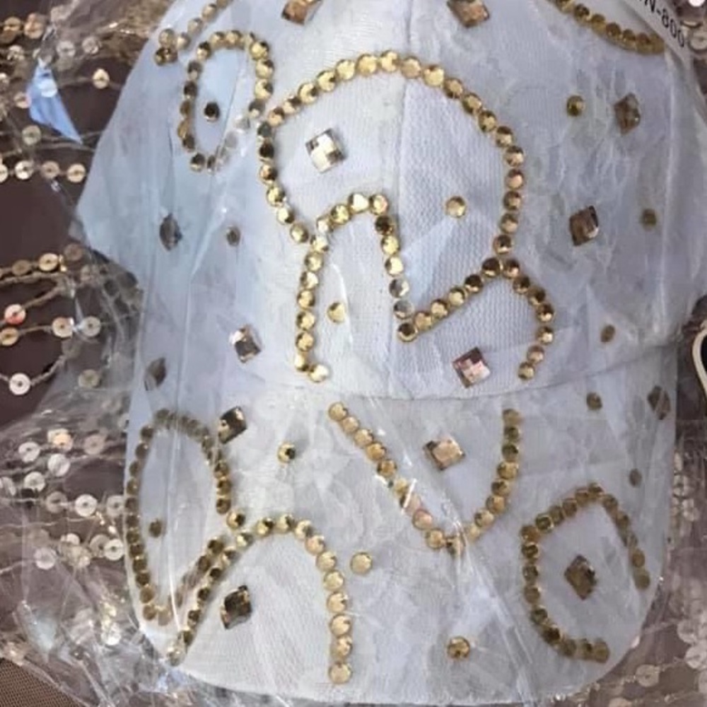 White lace and gold rhinestones baseball hat